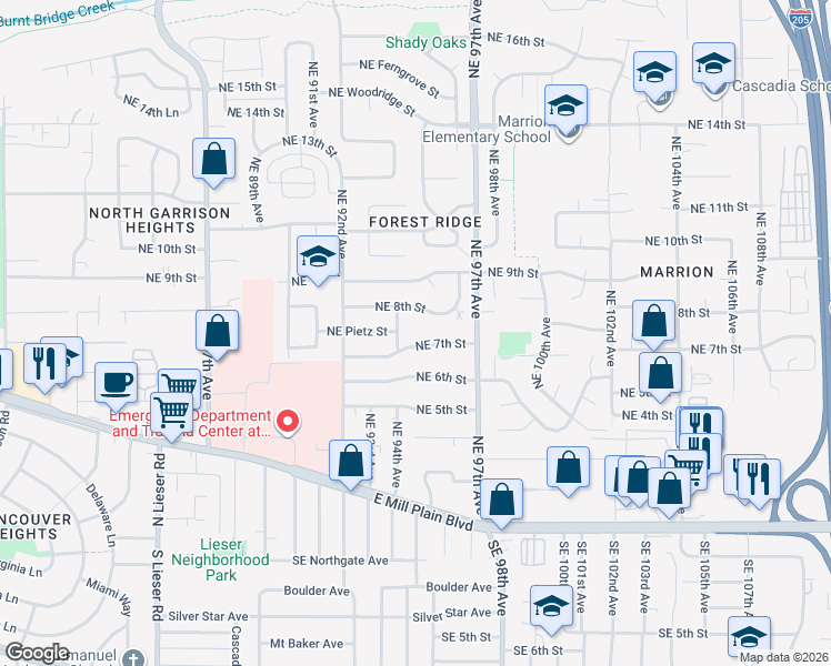 map of restaurants, bars, coffee shops, grocery stores, and more near 9505 Northeast 7th Street in Vancouver