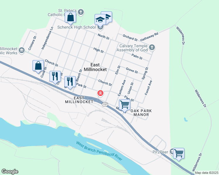 map of restaurants, bars, coffee shops, grocery stores, and more near 15 Spruce Street in East Millinocket