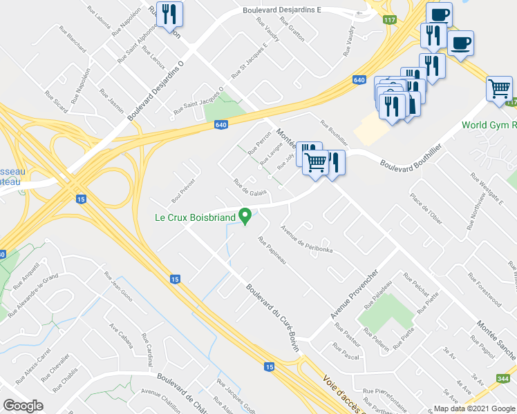 map of restaurants, bars, coffee shops, grocery stores, and more near 89 Boulevard des Entreprises in Boisbriand
