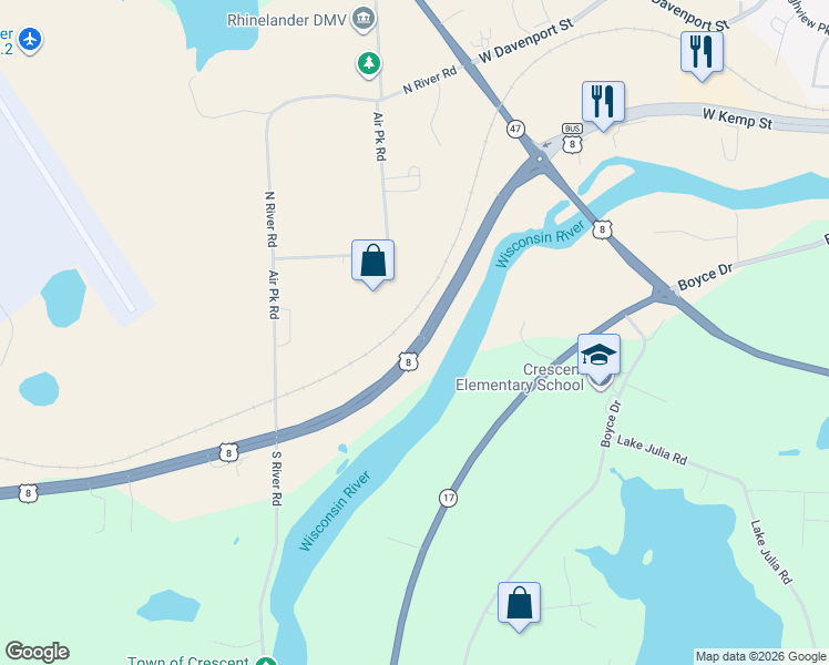 map of restaurants, bars, coffee shops, grocery stores, and more near 5728 U.S. 8 in Rhinelander
