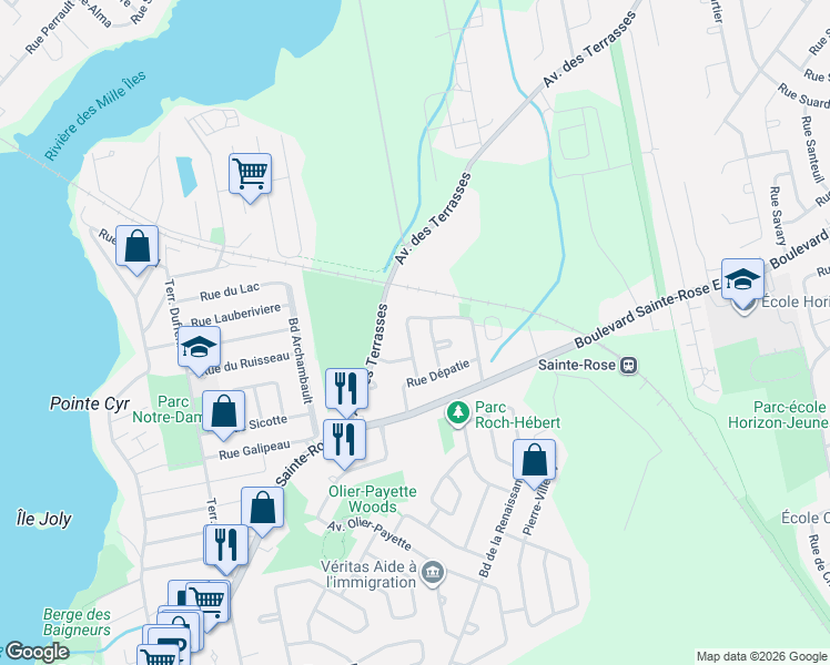map of restaurants, bars, coffee shops, grocery stores, and more near 69 Rue Laguerrier in Laval