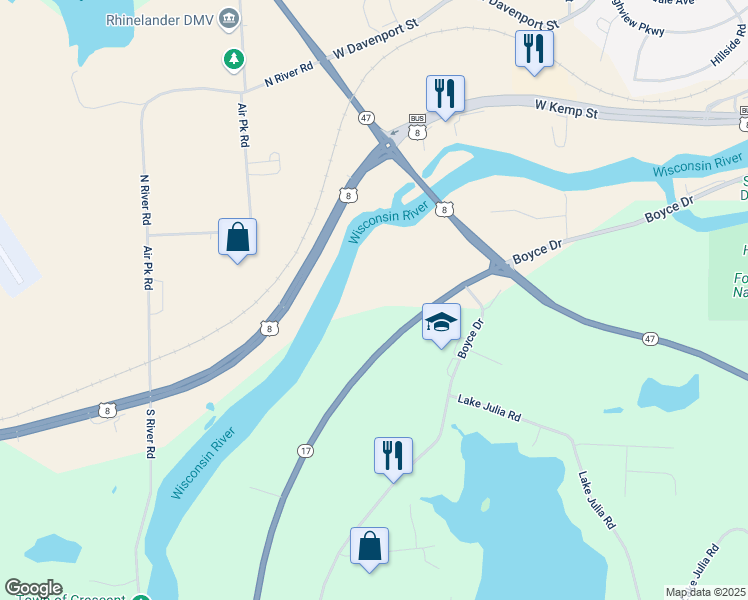 map of restaurants, bars, coffee shops, grocery stores, and more near 5636 Overland Drive in Rhinelander