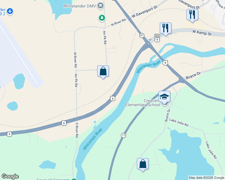 map of restaurants, bars, coffee shops, grocery stores, and more near 5728 U.S. 8 in Rhinelander