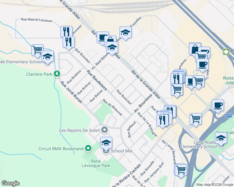 map of restaurants, bars, coffee shops, grocery stores, and more near 3341 Rue Boisclair in Boisbriand