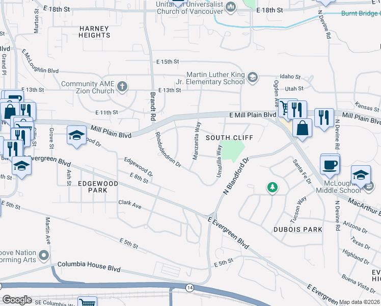 map of restaurants, bars, coffee shops, grocery stores, and more near 708 Manzanita Way in Vancouver