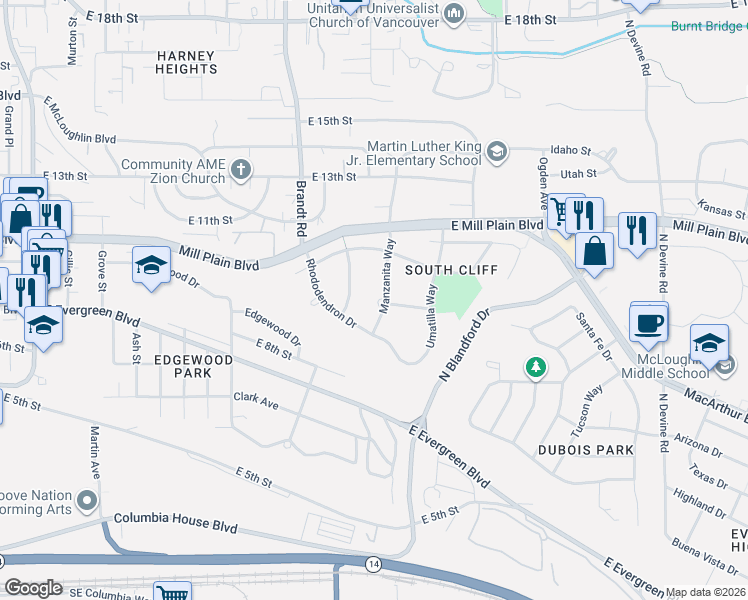 map of restaurants, bars, coffee shops, grocery stores, and more near 708 Manzanita Way in Vancouver