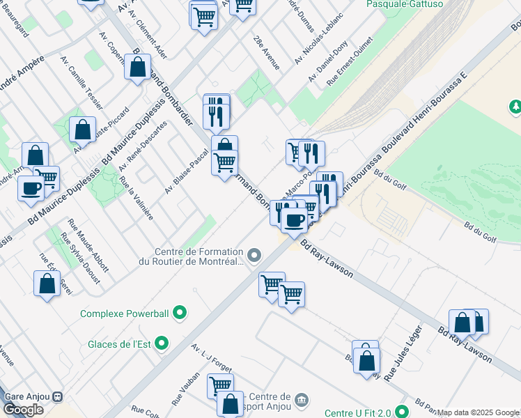 map of restaurants, bars, coffee shops, grocery stores, and more near 7985 Avenue Marco-Polo in Montreal