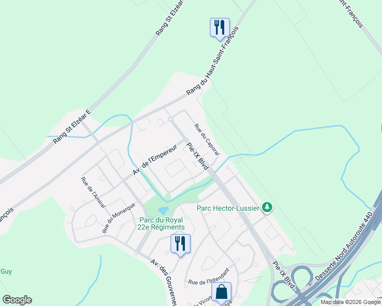 map of restaurants, bars, coffee shops, grocery stores, and more near 3440 Boulevard Pie-IX in Laval