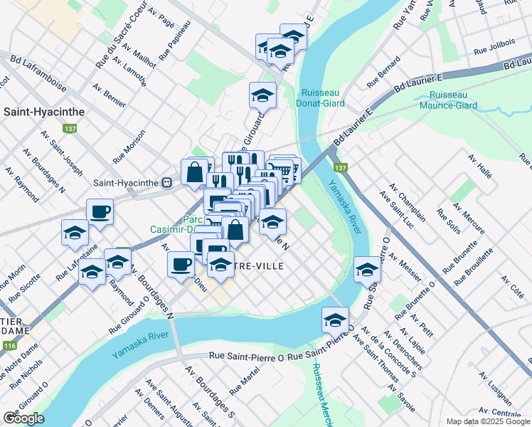 map of restaurants, bars, coffee shops, grocery stores, and more near 1047 Rue Des Cascades O in Saint-Hyacinthe