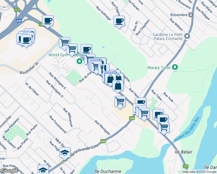 map of restaurants, bars, coffee shops, grocery stores, and more near 259 Boulevard Curé-Labelle in Rosemère
