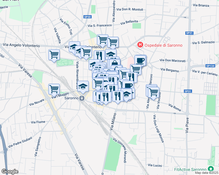 map of restaurants, bars, coffee shops, grocery stores, and more near Vicolo del Lino in Saronno