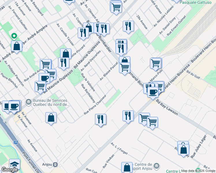 map of restaurants, bars, coffee shops, grocery stores, and more near 11555 Rue Charles-David in Montreal
