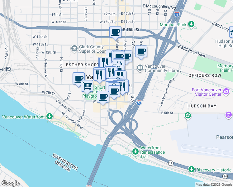 map of restaurants, bars, coffee shops, grocery stores, and more near 106 West 7th Street in Vancouver