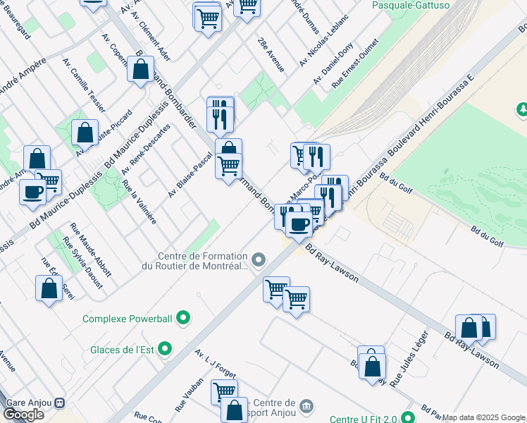 map of restaurants, bars, coffee shops, grocery stores, and more near 7985 Avenue Marco-Polo in Montreal