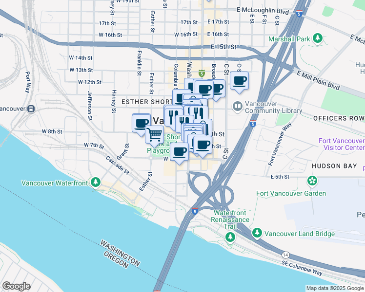 map of restaurants, bars, coffee shops, grocery stores, and more near 700 Washington Street in Vancouver