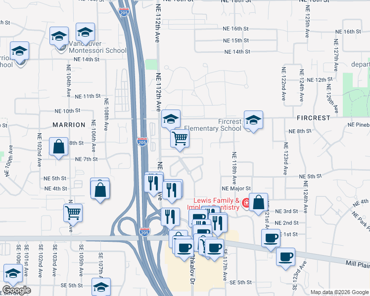 map of restaurants, bars, coffee shops, grocery stores, and more near 11411 Northeast 8th Street in Vancouver