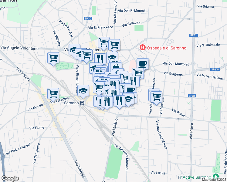 map of restaurants, bars, coffee shops, grocery stores, and more near Vicolo Lino in Saronno
