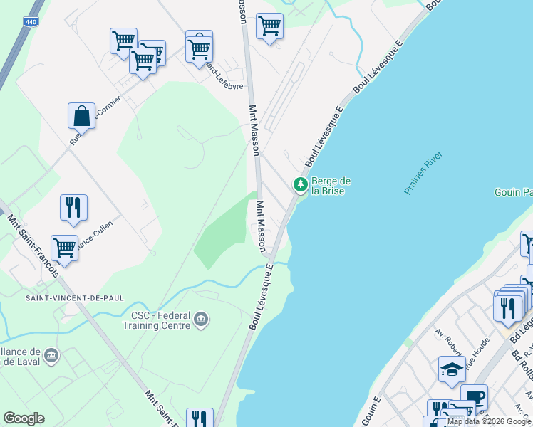 map of restaurants, bars, coffee shops, grocery stores, and more near 1010 Montée Masson in Laval