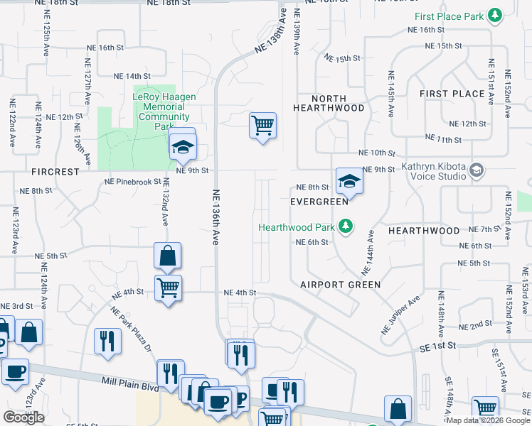 map of restaurants, bars, coffee shops, grocery stores, and more near 654 Northeast 138th Place in Vancouver