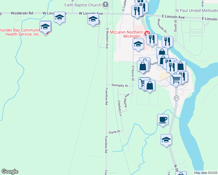 map of restaurants, bars, coffee shops, grocery stores, and more near in Cheboygan