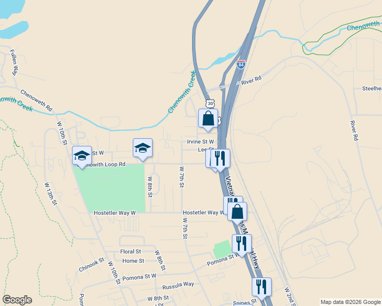 map of restaurants, bars, coffee shops, grocery stores, and more near 746 Lee Street in The Dalles
