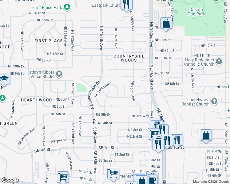 map of restaurants, bars, coffee shops, grocery stores, and more near 718 Northeast 158th Avenue in Vancouver