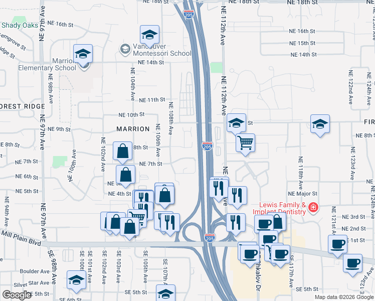 map of restaurants, bars, coffee shops, grocery stores, and more near 10908 Northeast 8th Street in Vancouver