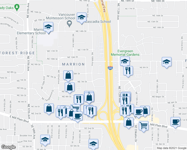 map of restaurants, bars, coffee shops, grocery stores, and more near 10720 Northeast 8th Street in Vancouver
