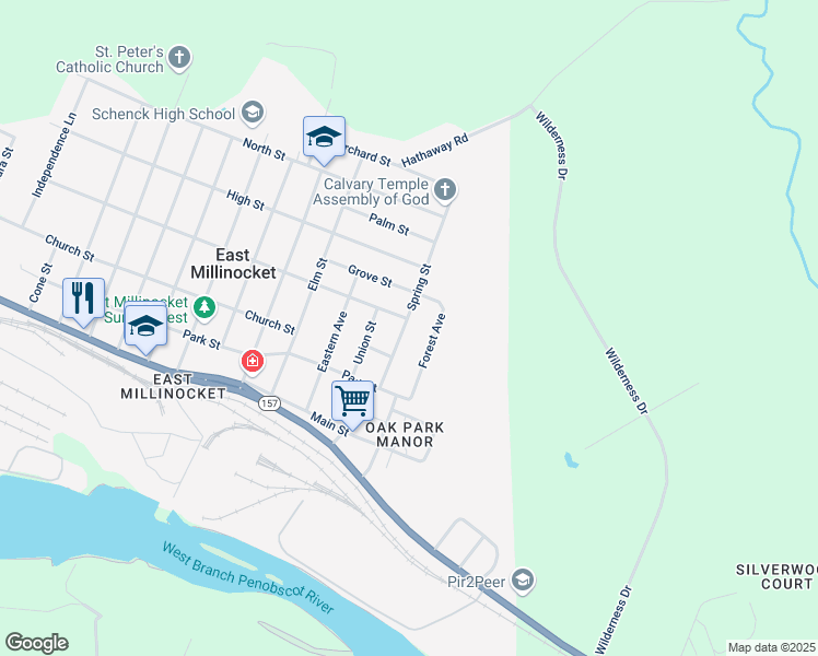 map of restaurants, bars, coffee shops, grocery stores, and more near 21 Spring Street in East Millinocket