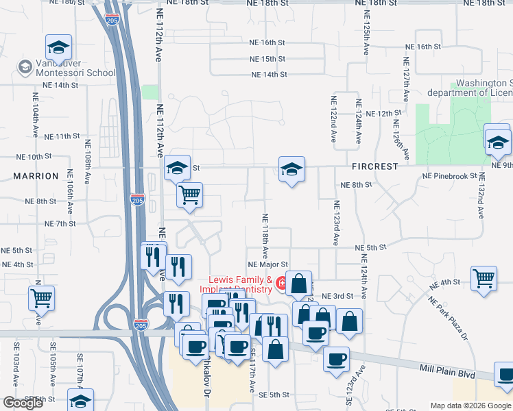 map of restaurants, bars, coffee shops, grocery stores, and more near 11709 Northeast 7th Street in Vancouver