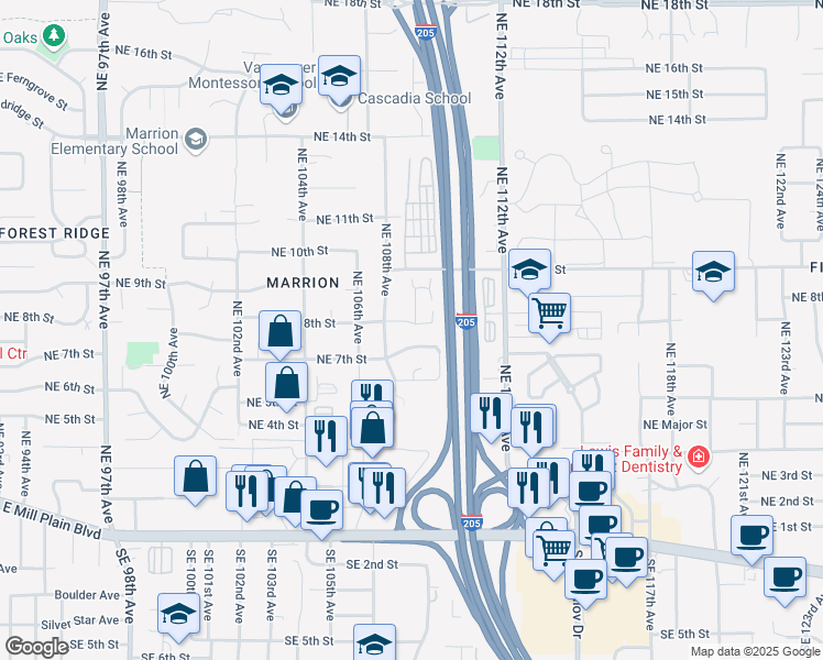map of restaurants, bars, coffee shops, grocery stores, and more near 10807 Northeast 8th Street in Vancouver