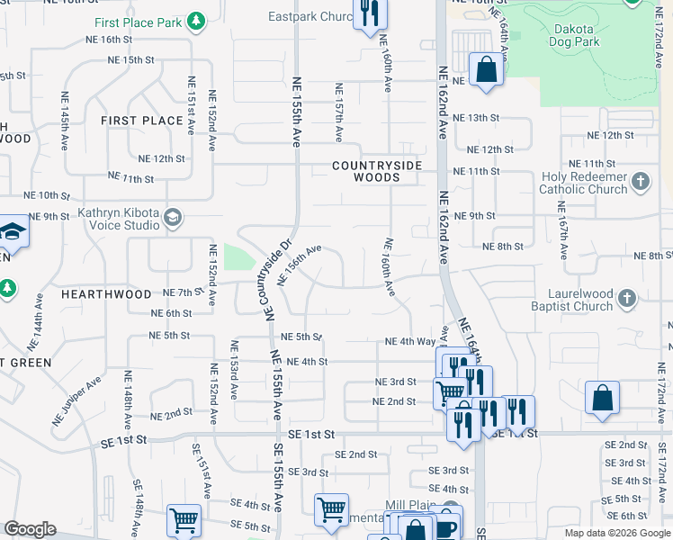 map of restaurants, bars, coffee shops, grocery stores, and more near 718 Northeast 158th Avenue in Vancouver