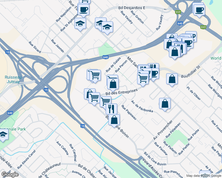 map of restaurants, bars, coffee shops, grocery stores, and more near 86 Boulevard des Entreprises in Boisbriand