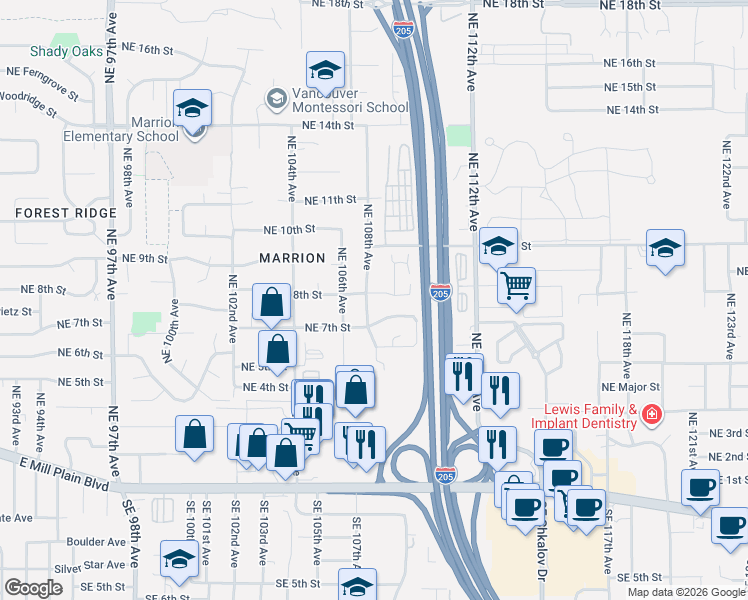 map of restaurants, bars, coffee shops, grocery stores, and more near 10720 Northeast 8th Street in Vancouver