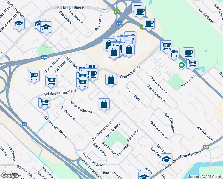 map of restaurants, bars, coffee shops, grocery stores, and more near 20 Boulevard Bouthillier in Rosemère