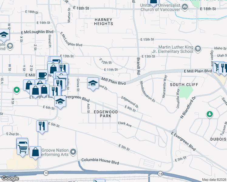 map of restaurants, bars, coffee shops, grocery stores, and more near 3600 Edgewood Drive in Vancouver