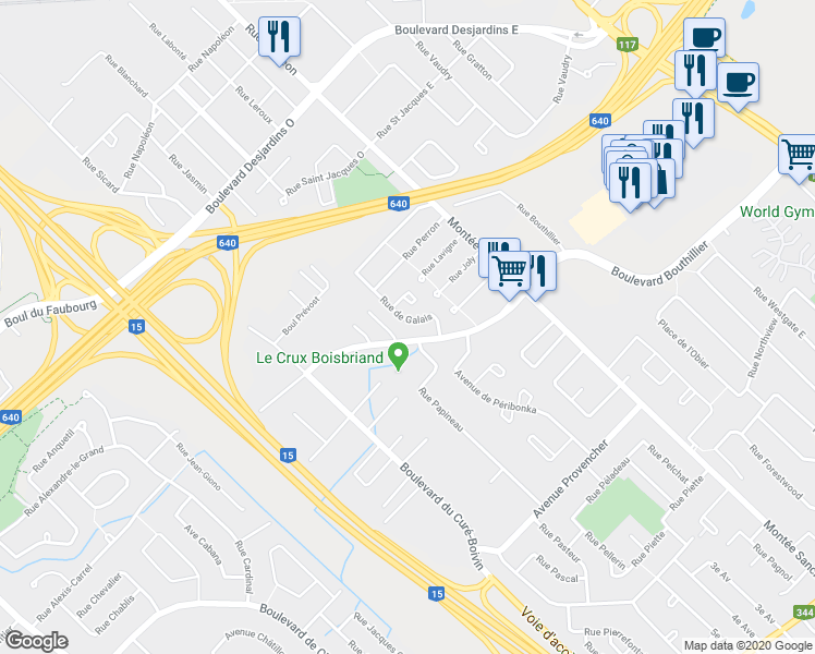map of restaurants, bars, coffee shops, grocery stores, and more near 190 Rue de Galais in Boisbriand