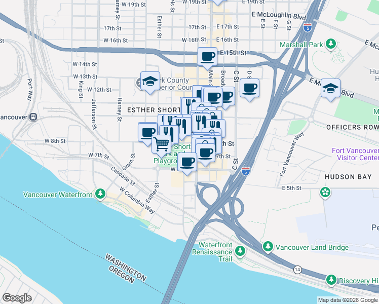 map of restaurants, bars, coffee shops, grocery stores, and more near 720 Washington Street in Vancouver