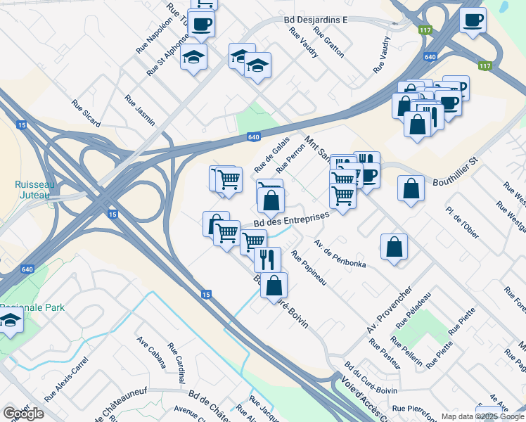 map of restaurants, bars, coffee shops, grocery stores, and more near 86 Boulevard des Entreprises in Boisbriand