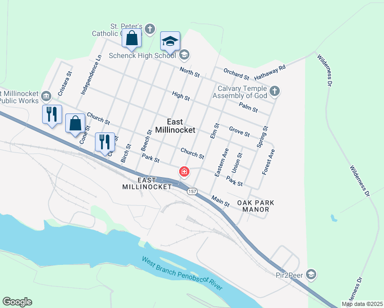map of restaurants, bars, coffee shops, grocery stores, and more near 15 Spruce Street in East Millinocket