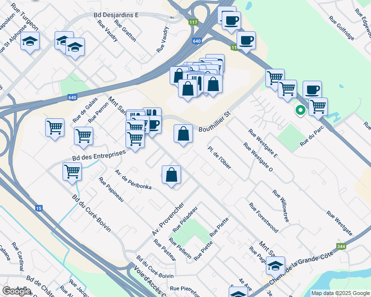 map of restaurants, bars, coffee shops, grocery stores, and more near 20 Boulevard Bouthillier in Rosemère