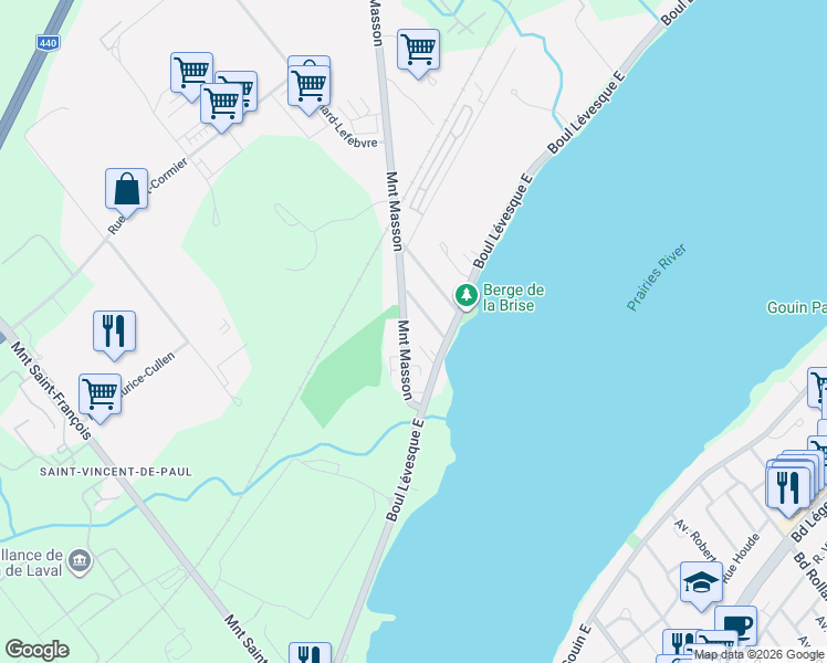 map of restaurants, bars, coffee shops, grocery stores, and more near 1020 Montée Masson in Laval