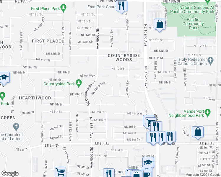 map of restaurants, bars, coffee shops, grocery stores, and more near 714 Northeast 158th Avenue in Vancouver