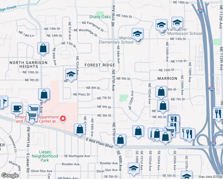 map of restaurants, bars, coffee shops, grocery stores, and more near 809 Northeast 96th Avenue in Vancouver