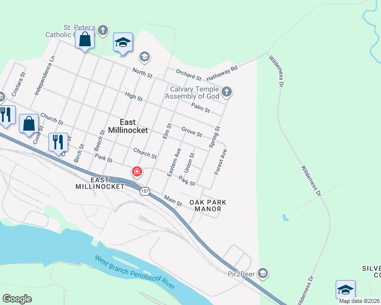map of restaurants, bars, coffee shops, grocery stores, and more near 31 Eastern Avenue in East Millinocket