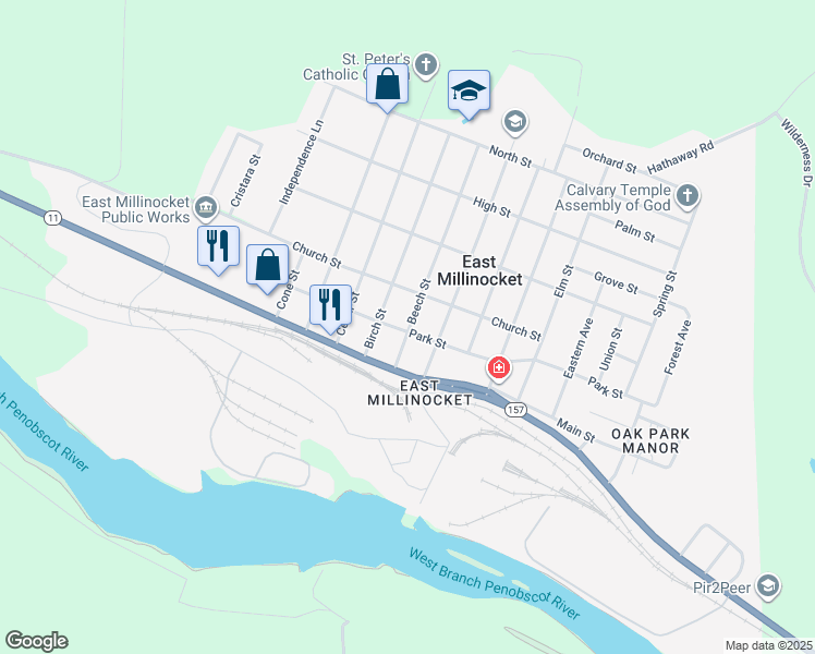 map of restaurants, bars, coffee shops, grocery stores, and more near 6 Beech Street in East Millinocket