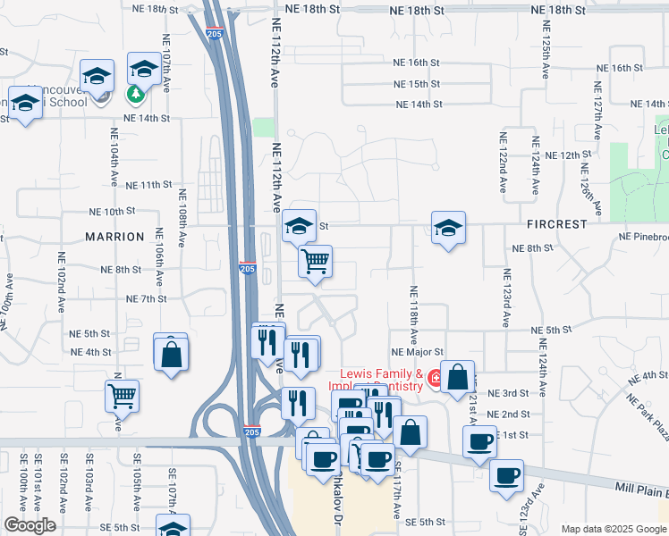 map of restaurants, bars, coffee shops, grocery stores, and more near 711 Northeast 112th Avenue in Vancouver