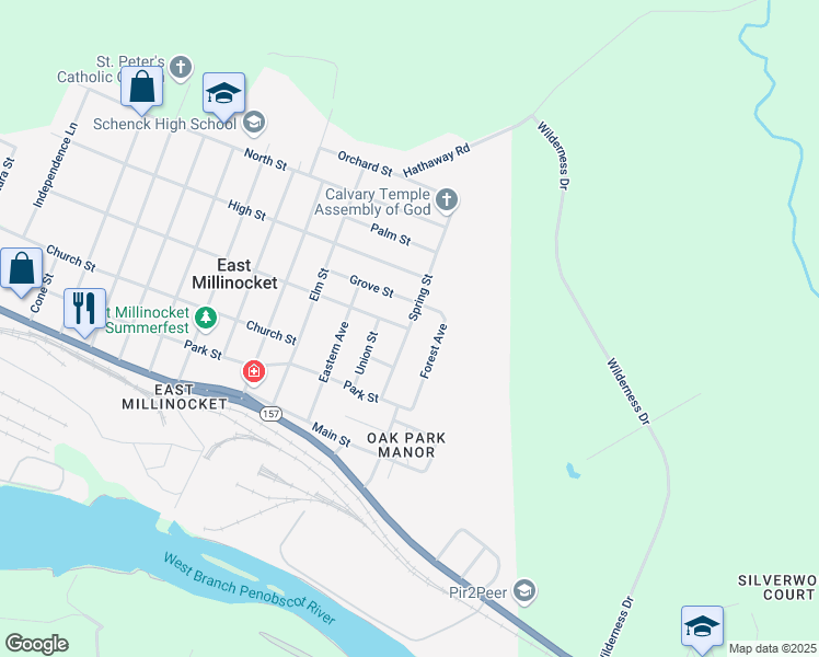 map of restaurants, bars, coffee shops, grocery stores, and more near 21 Spring Street in East Millinocket