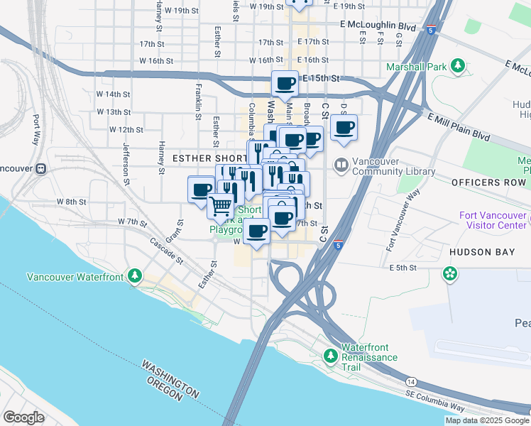 map of restaurants, bars, coffee shops, grocery stores, and more near 700 Washington Street in Vancouver