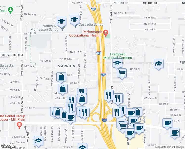 map of restaurants, bars, coffee shops, grocery stores, and more near 10900 Northeast 8th Circle in Vancouver